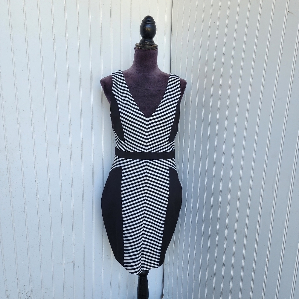 GUESS Women's BLACK WHITE STRIPED FITTED BACK ZIPPER STRETCH LINED DRESS Zip 4